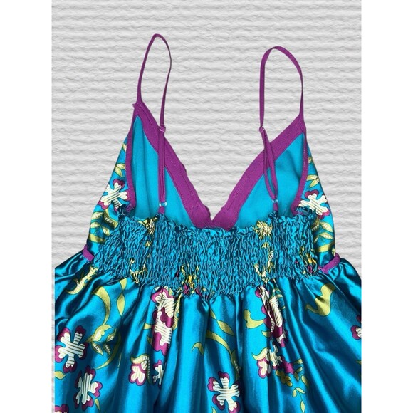 Vtg Y2K Wet Sea Satin Babydoll Mini Slip Dress MED Teal Purple Floral Smocked - Picture 10 of 11